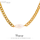 Yhpup Stainless Steel Natural Pearl Necklace Luxury Jewelry Real Golden Texture for Women Charm Metal цепочка на шею женская
