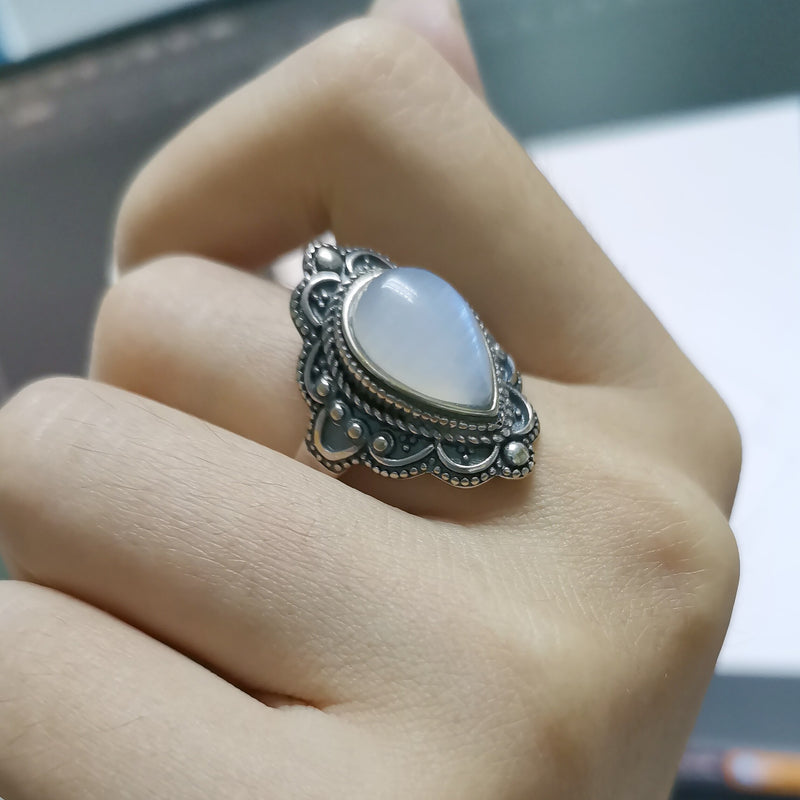 S925 Sterling Silver Rings Natural Moonstone Lapis Ring for Women Vintage Gemstone Rings Gift Fine Jewelry