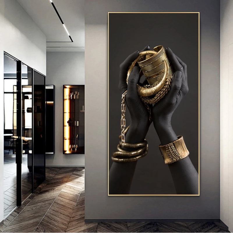 Black Hands Holding Golden Jewelry Canvas Art Posters And Prints African Art Paintings On the Wall Art Pictures For Living Room