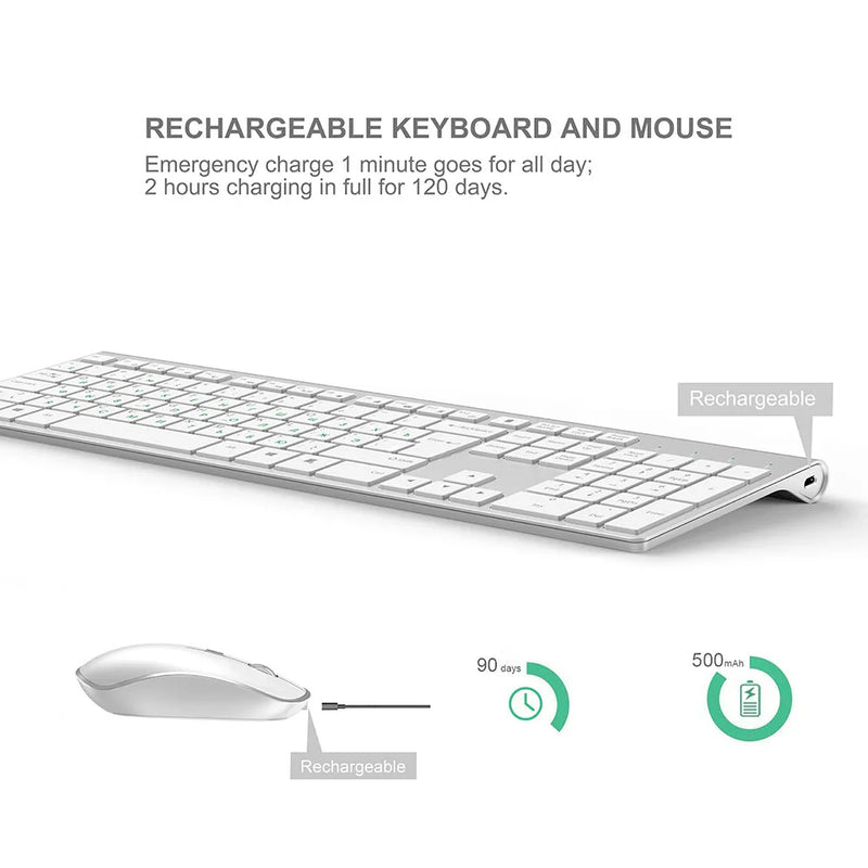 Russian wireless keyboard, ergonomic design, rechargeable mouse, 2400DPI, wireless mute design stable connection,silver white