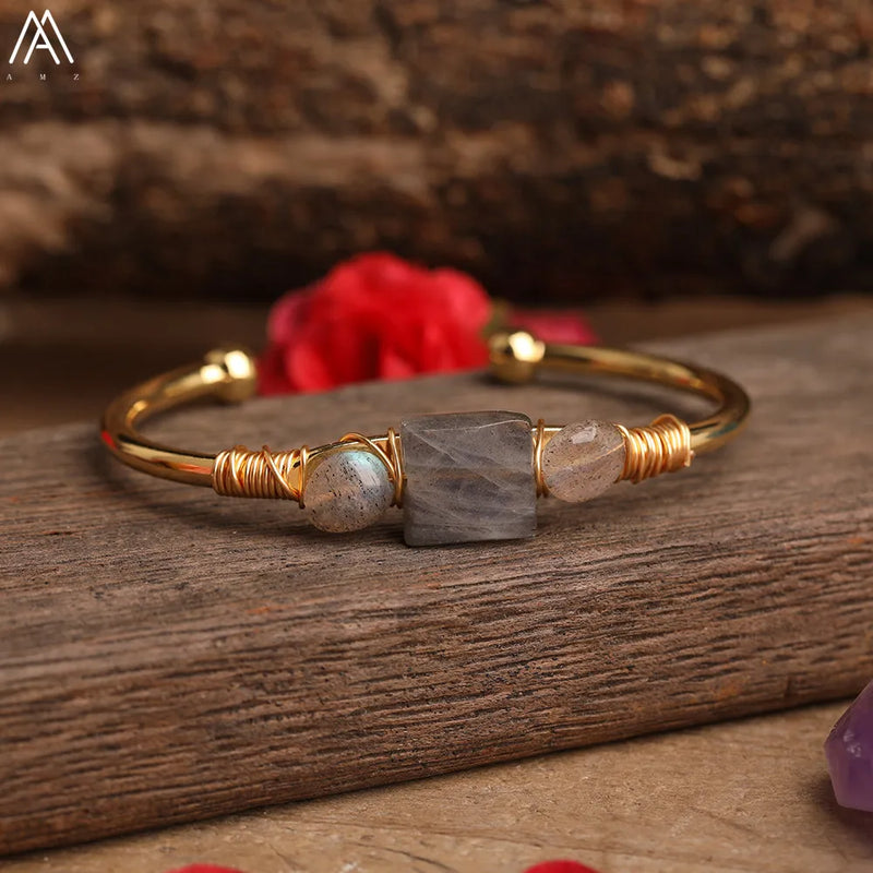 Natural Quartz Stone Beads Gold Bracelets Women Citrines Roses Quartz Chip Beads Open Cuff Bangles Bracelets Friendship Jewelry