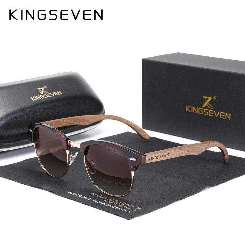 KINGSEVEN Handmade 2022 Black Walnut Wooden Sunglasses Men Polarized UV400 Protection Semi-Rimless Retro Eyewear Women Oculos