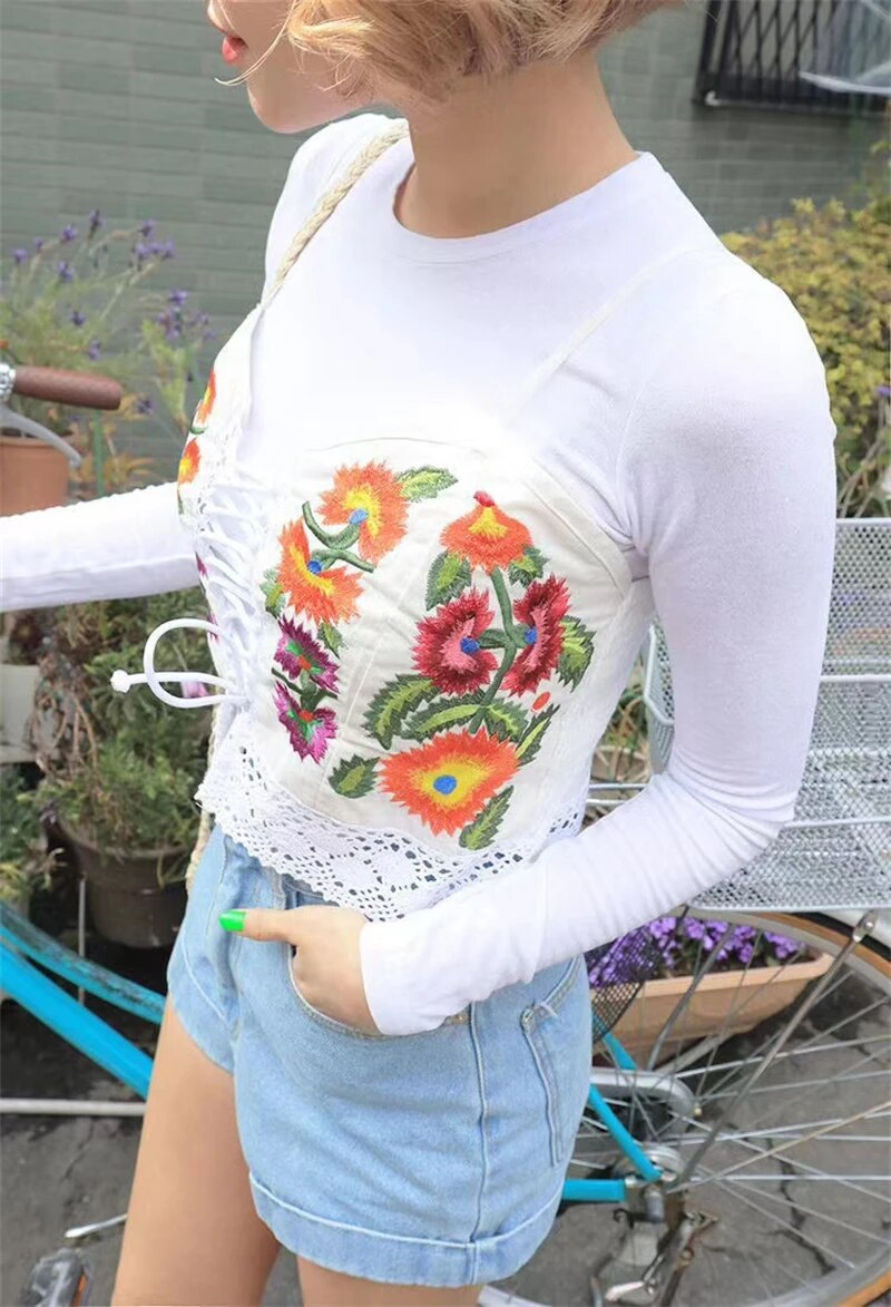 Boho Embroidery Flower Women Tanks Camis Sleeveless Bandage Knitted Fashion Summer Vest 2022 New Short Slim Chic Lady Tops