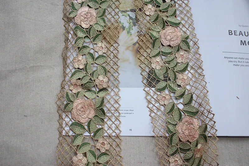 10CM Wide Elegant Green Cotton Polyester Venise Lace 3d Rose Flowers Embroidery Ribbon Garment Home Curtains Sewing Dress Decor