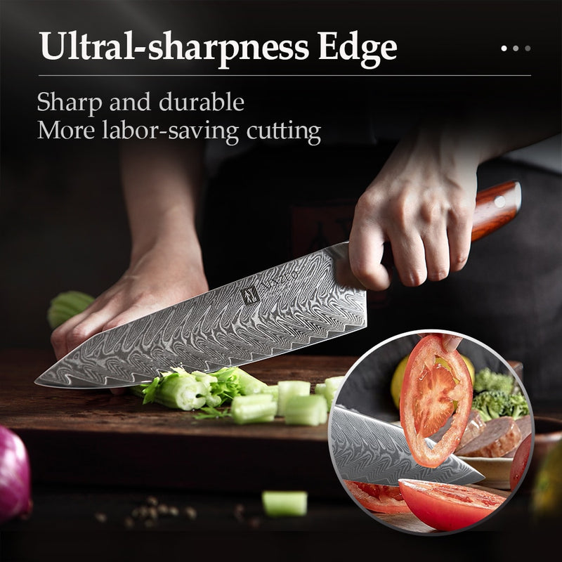 XINZUO 8.5 ''Inch Chef Knives Damascus Steel Japanese Kitchen Knives Damascus VG10 Stainless Steel Knives with Rose Wood Handle