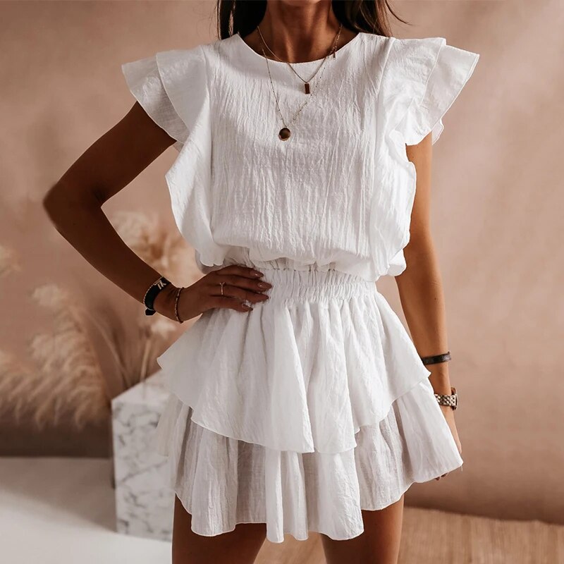 Ardm Elegant O Neck Ruffled White платье2021 Sleeveless Mid-length High-waist Summer Mini Dress Women Princess Dress Vestidos