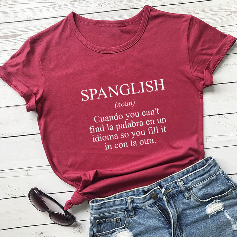 SPANGLISH Shirt Mexican Shirts Summer Women's Latina T Shirt 100%Cotton Funny Casual O-Neck Short Sleeve Top Spanish teacher Tee