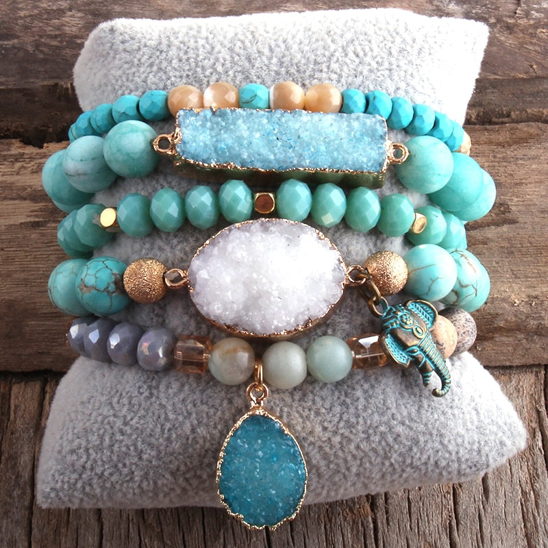 RH New Designer Boho Beaded Bracelet Set Natural Stone &amp; Druzy 5pc Bracelets Bangles Set For Fashion Jewelry