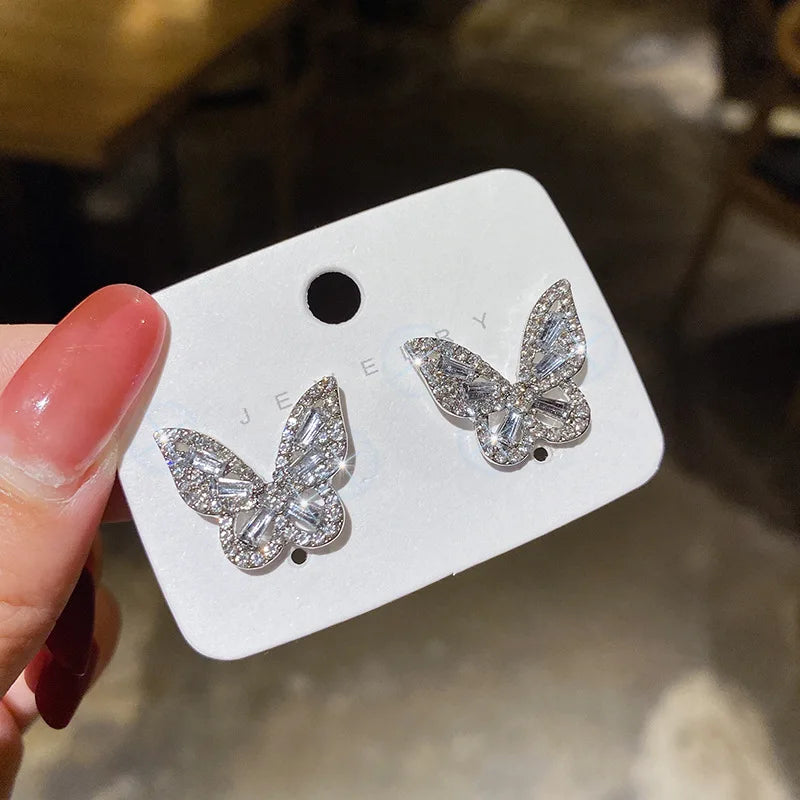 JWER Bling Earrings For Women Butterfly Zircon Ear Jewelry Vintage Wedding Earrings Student Ladies Silvery Wholesale Female