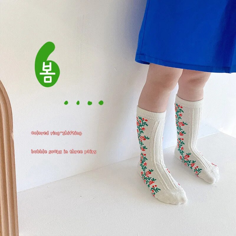 2022 Summer New 3 Pairs Cotton Children Socks Korean Style Flower Pattern Baby Girl's Princess Socks for Kids