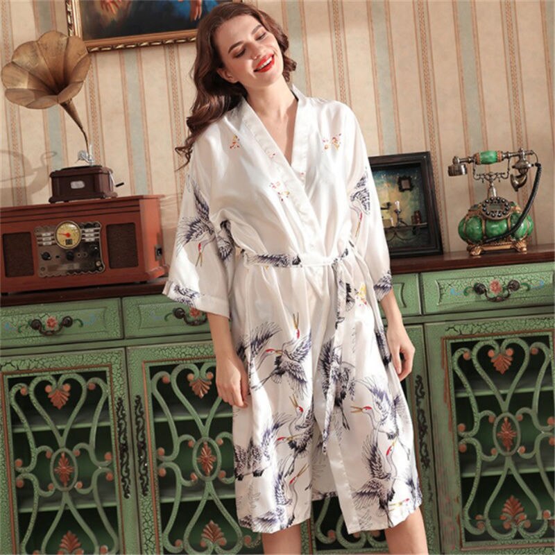 Japanese Style Long Loose Satin Peacock Woman Yukata Dress Pajamas Oriental Crane Kimono Haori Chinese Qipao Nightgown Robe