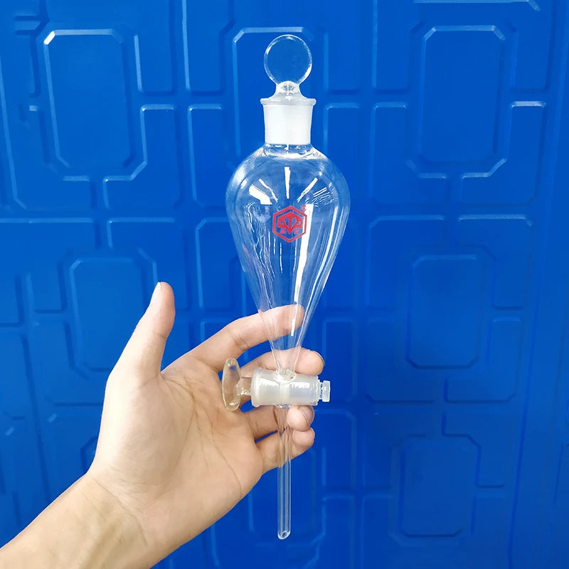 Separatory funnel pear shape,Ground-in glass stopper and stopcock.10ml-125ml-250ml-500ml-5000ml,No tick mark,Glass switch valve