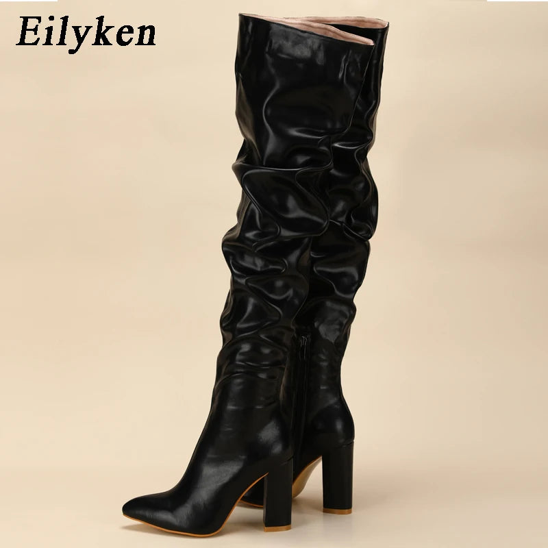 Eilyken Winter Women Over-the-Knee Boots Punk Style Square High Heel Zipper Shoes Pleated Pointed Toe Ladies Long Booties