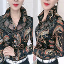 Long-sleeved Female Bottoming Shirts Women's Spring Summer Foreign Hot Drill Lace Stitching Chiffon Shirt Floral Mesh Top Blouse