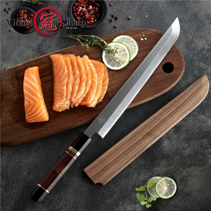 GRANDSHARP Professional Filleting Knife Japanese Sakimaru Blade 10.6 Inch Chef Knife 8cr18mov Stainless Steel Wooden Gift Box