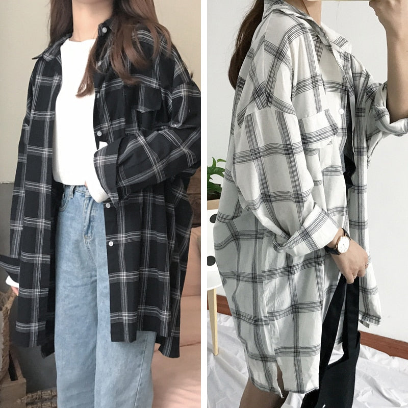 New Summer Long Loose Falling Shoulder Long Sleeve Lapel Plaid Pocket Shirt Women