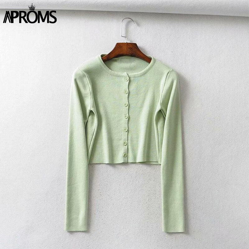 Aproms Candy Color Ribbed Knitted Cardigan Women Autumn Spring Long Sleeve Basic Cropped Sweaters Female Casual Short Jumper Top