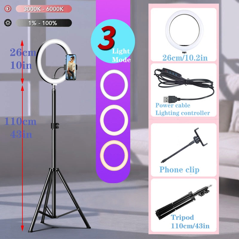 10&quot; LED Selfie Ring Light  Circle Fill Light Dimmable Round Lamp Tripod Trepied Makeup Photography RingLight Phone Stand Holder