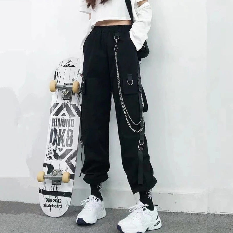 Women Cargo Pants 2023 Harem Pants Fashion Punk Pockets Jogger Trousers With Chain Harajuku Elastics High Waist Streetwear