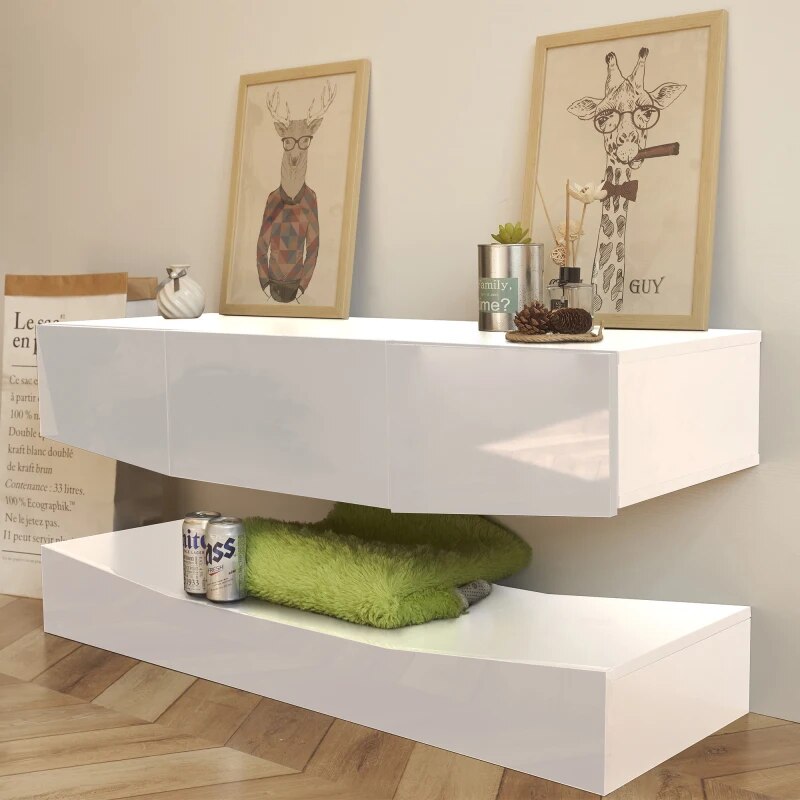 Floating TV Stand with 3 Drawers and LED Lighting TV Cabinet with Open Shelves High-Gloss Console Table Storage Cabinet