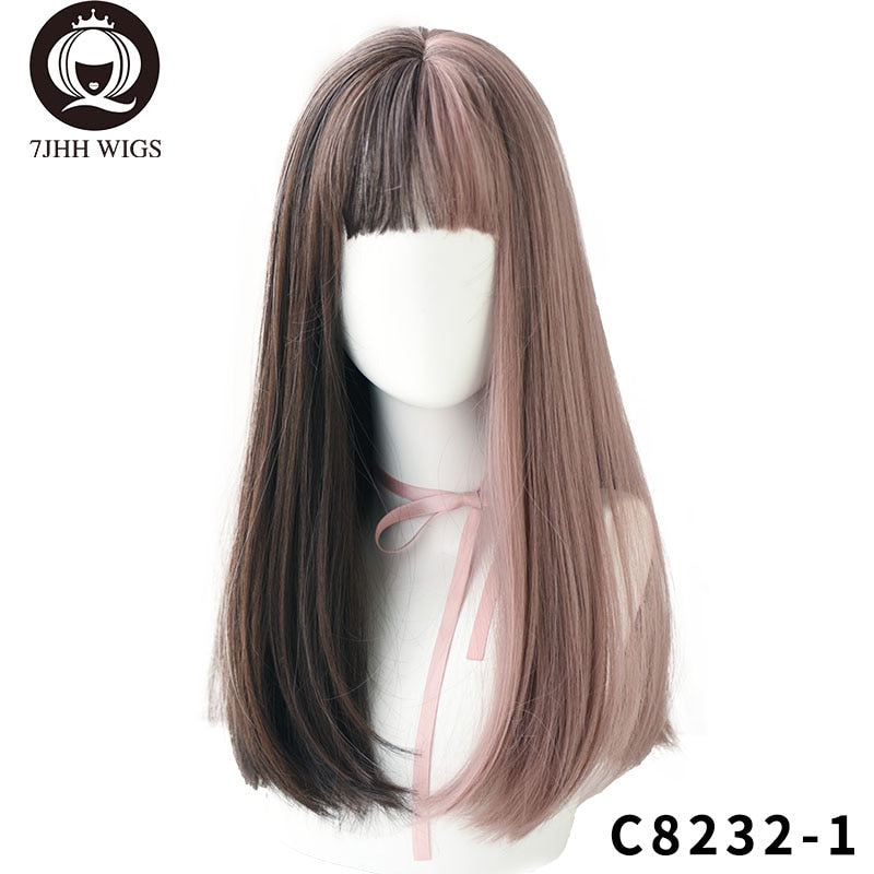 7JHH Long Remy Wig With Bangs Ombre Black Brown Synthetic Lolita Wig For Women High Temperature Wire Heat Resistant Cosplay Wig