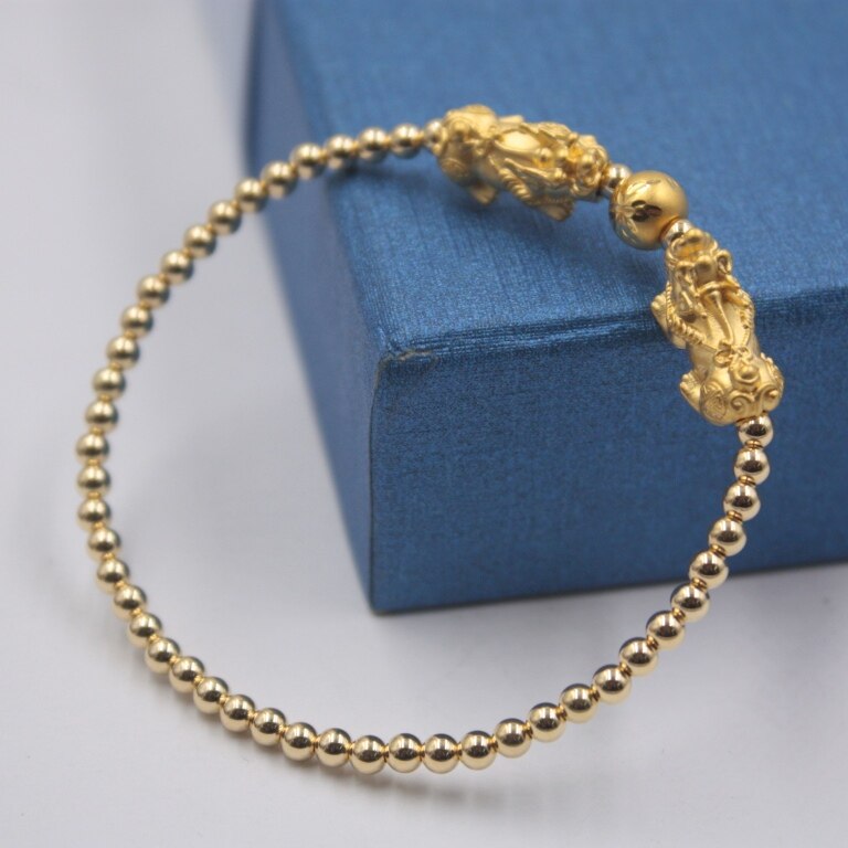 999 24K Yellow Gold Bracelet Real Gold Chain Lucky Pixiu and silver 3mm Beads For Women Girl Best Gift