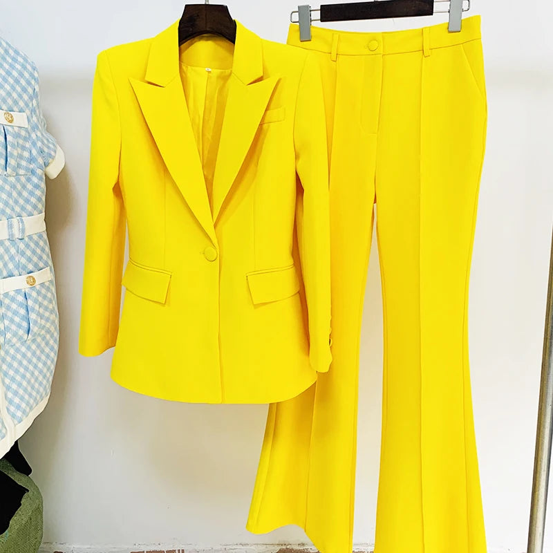 HIGH STREET Newest 2023 Runway Designer Suit Set Women's Single Button Blazer Flare Pants Suit