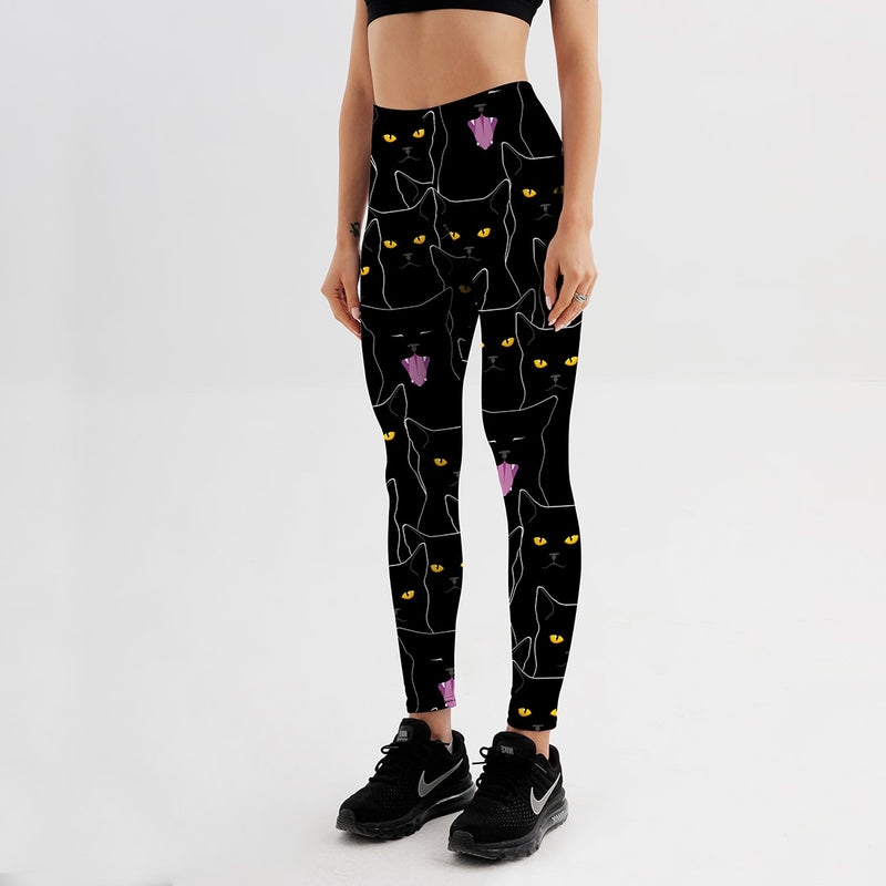 Qickitout Summer Style Fitness Women Leggings Black Cute Cats Printed Leggings Slim Workout Leggings Ankel Length Pants S-4XL