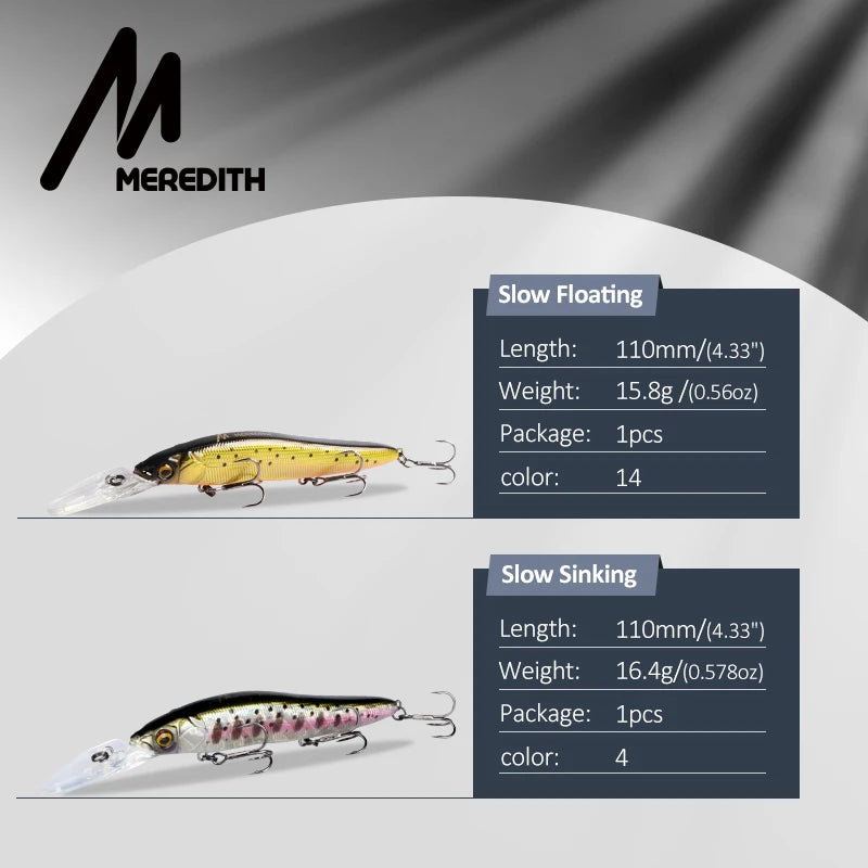 MEREDITH Slow Sinking or Flaoting 110mm Minnow Wobbler Fishing Lures Artificial Hard Bait Depth 0-3m Bass Pike Bait Tackle