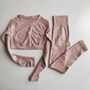Damen nahtlose Yoga-Sets mit hoher Taille, Gym-Mesh-Leggings, Hemdenanzug, langärmelige Fitness-Workout-Sportlauf-dünne Yoga-Sets