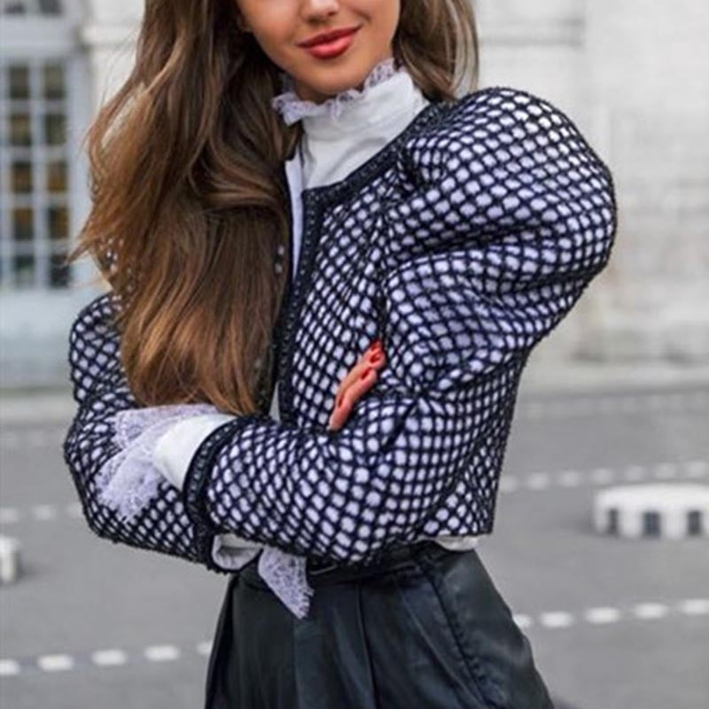 TWOTWINSTYLE Ruched Plaid Coat For Women O Neck Puff Sleeve Short Female Coat Streetwear Autumn Fashion New Clothing 2020