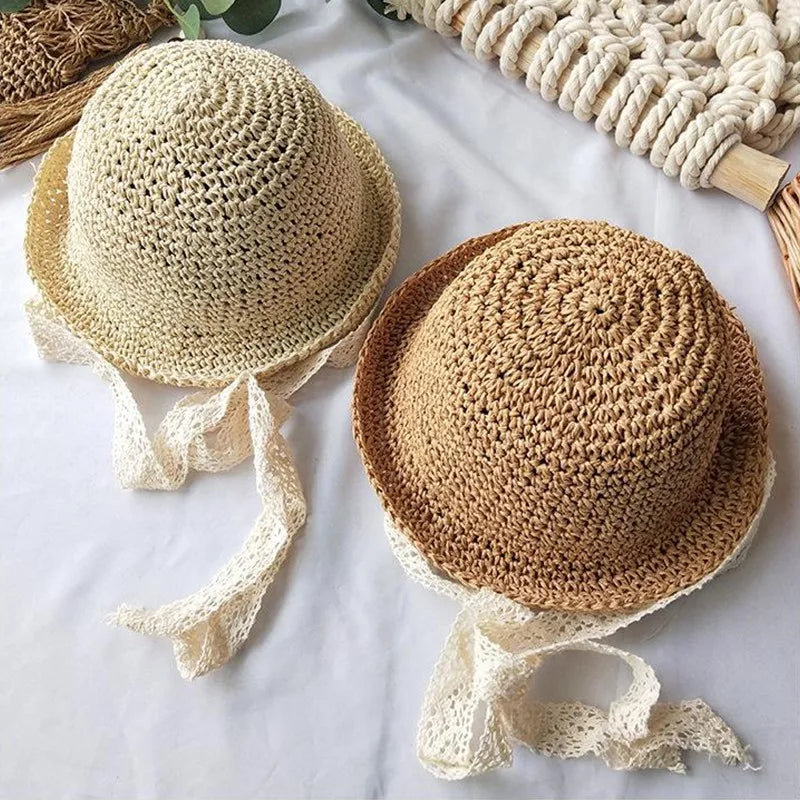 Summer Korean Baby Boy Girl Straw Hats Lace Strap Crochet Children Handmade Foldable Sun Cap Lace Beach Sun Outdoor Hat