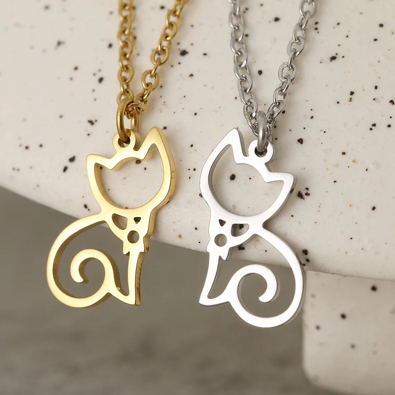 Stainless Steel Necklaces Line Cartoon Cat Pendants Chain Choker Jewellery Fashion Necklace For Women Jewelry Party Friend Gifts