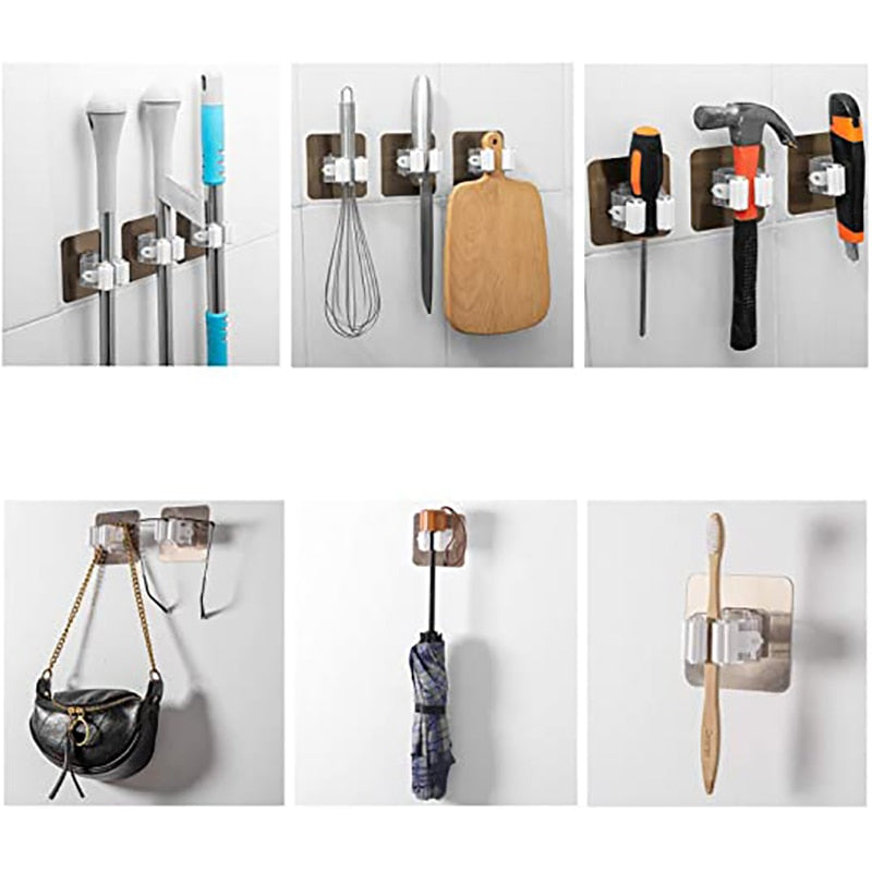 Multi-Purpose Hooks Mop Holder Wall Mounted Mop Organizer Broom Hanger Hook Bathroom Waterproof Wall Hook Self-Adhesive 1/2/4Pcs