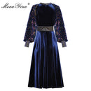 MoaaYina Fashion Designer dress Spring Autumn Women's Dress Sequin Lantern sleeve Crystal Button Velvet Dresses