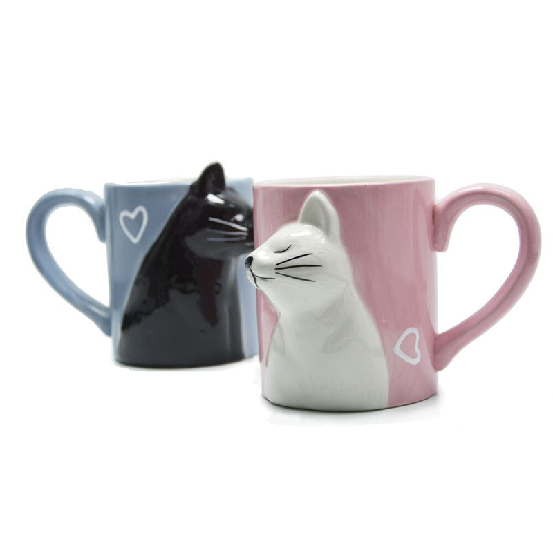 2-PCS Kiss Cat Coffee Couple Handmade Mug Funny Tea Ceramic cup set for Bride and Groom Matching Gift for Engagement Wedding