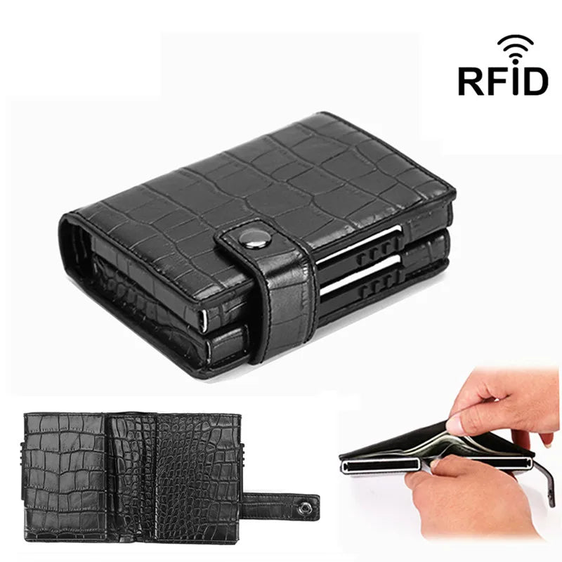 2024 Pu Leather Double Metal ID Credit Card Holder With RFID Vintage Card Case Automatic Money Cash Clip Mini Wallet Business