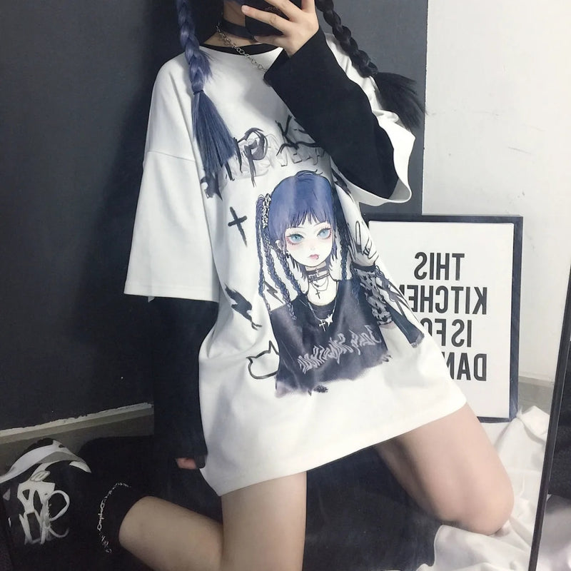 Gothic Clothes Loose T Shirts Harajuku Style Print Anime Tshirt Streetwear Female Short Sleeve Woman T-shirt E Girl Clothes