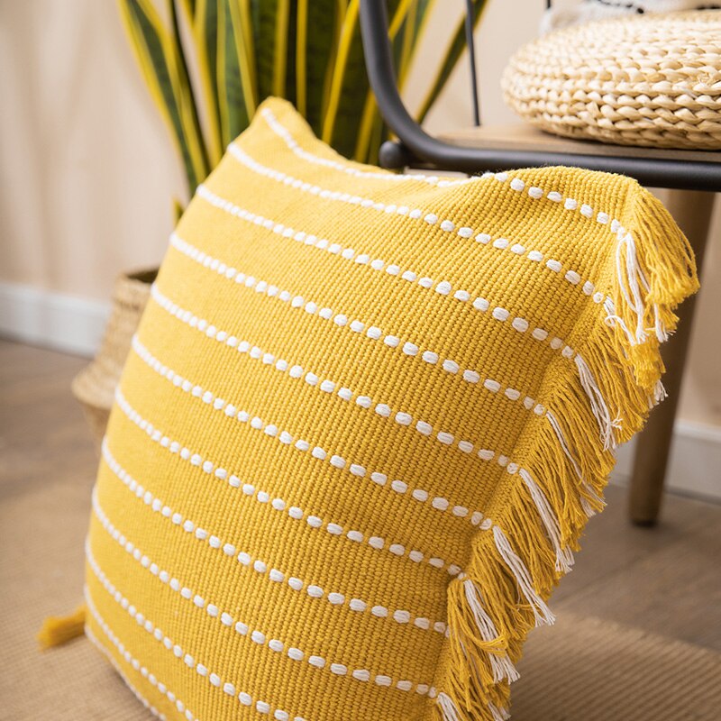 Cushion cover Tassels pillow cover Mustard Ivory Black Cotton Woven Stripe for Home decoration Sofa Bed 45x45cm/30x50cm/50x50cm