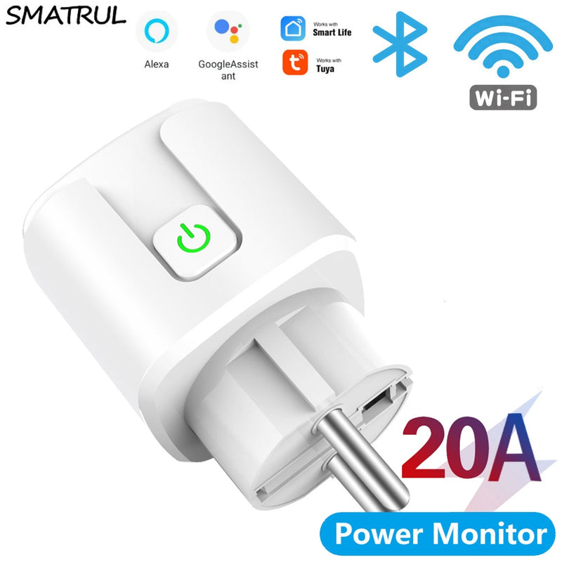 SMATRUL 20A Tuya WiFi EU Smart Plug Outlet 220V Power Monitor Wireless Socket Remote Timer Control For Google Home Alexa