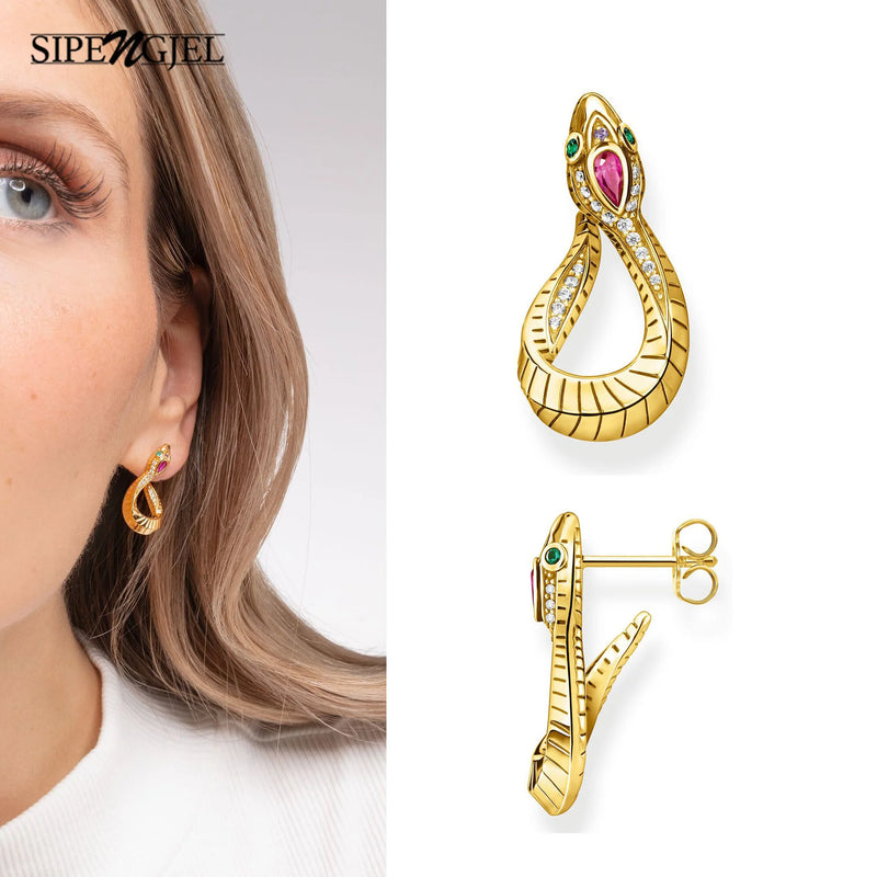 SIPENGJEL Fashion Green Eye Snake Shape Earrings Gold Silver Color Punk Geometric Animal Stud Earrings For Women Party Jewelry