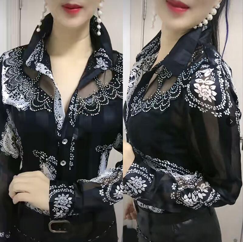 Long-sleeved Female Bottoming Shirts Women's Spring Summer Foreign Hot Drill Lace Stitching Chiffon Shirt Floral Mesh Top Blouse