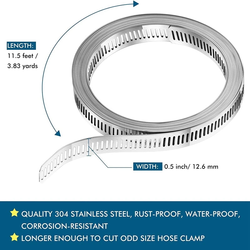 HOT-304 Stainless Steel Worm Clamp Hose Clamp Strap with Fasteners Adjustable DIY Pipe Hose Clamp Ducting Clamp 11.5 Feet