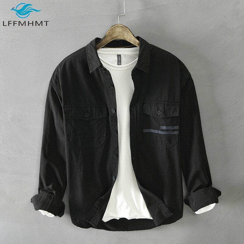 Men Spring Fall Korean Style 100% Cotton Top Quality Shirt Male Casual Loose Long Sleeve Lapel Tops Double Pocket Trendy Outwear