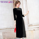 TESSCARA Women Autumn Elegant Velvet Dress Festa Female Event Party Robe High Quality Mesh Designer Vintage Cocktail Vestidos
