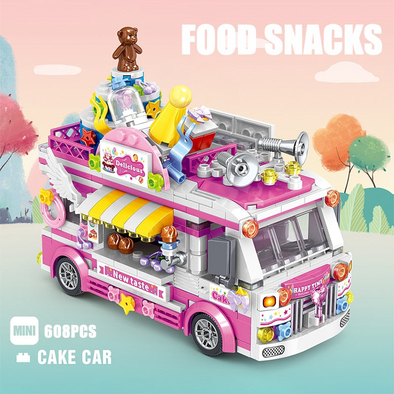 City Mini Girls Ice Cream Sets Model Building Blocks Friends Racing Vehicle Hot Dog Camping Car Bricks Toys For Children