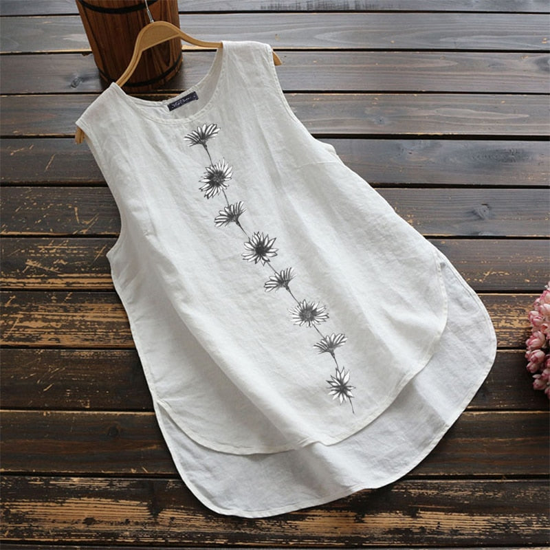 ZANZEA Vintage Sleeveless Blouse Women Floral Printed Tanks Tops Summer Shirt Female Loose Vests Robe Casual Cotton Linen Blusas