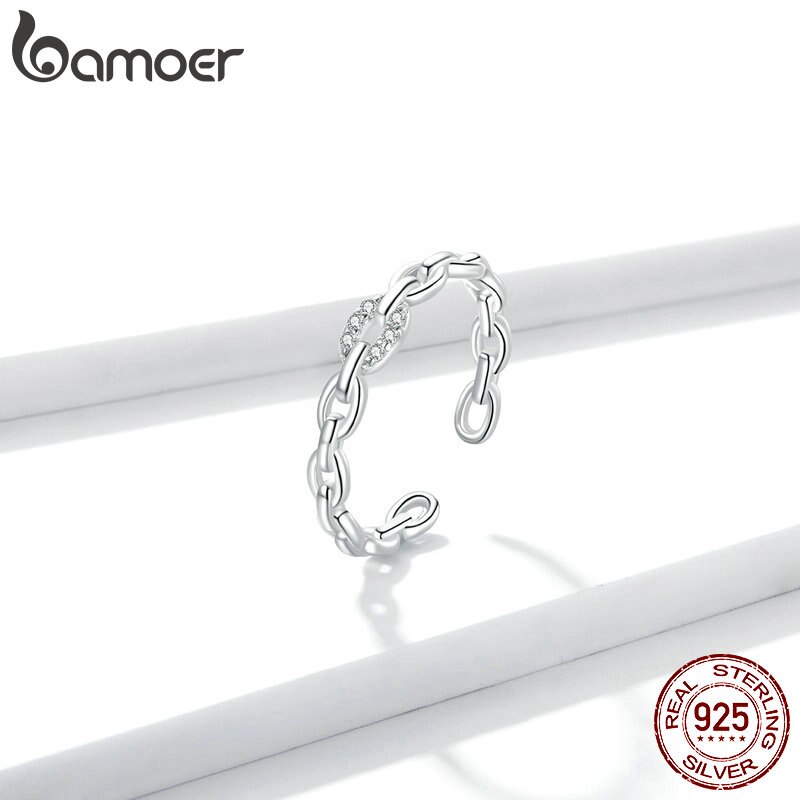 bamoer Genuine 925 Sterling Silver Geometric Chain Ring Finger Rings for Women Wedding Band Engagement Statement Jewelry BSR145