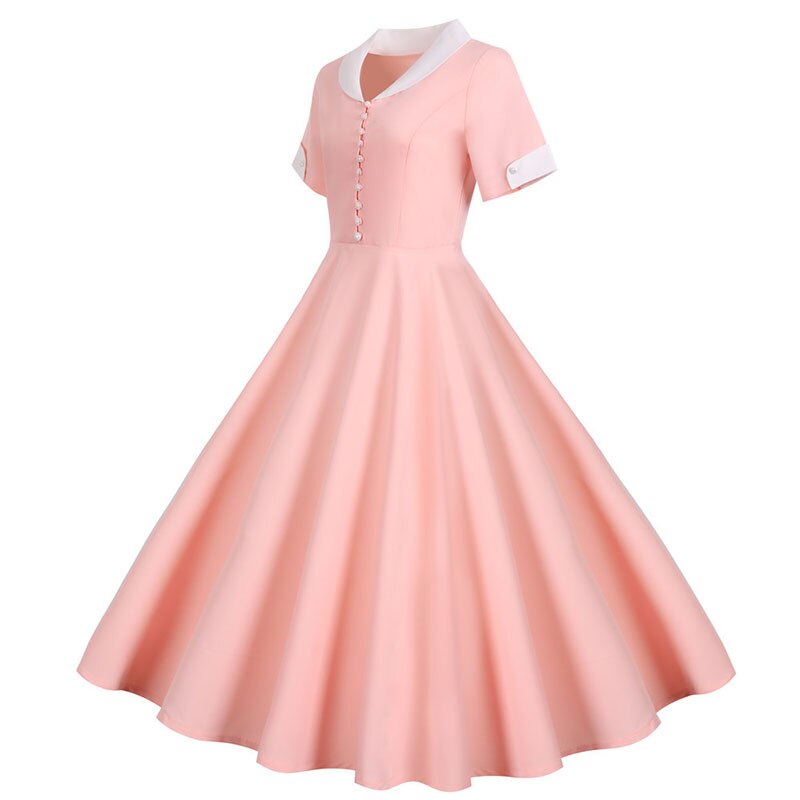 Elegant Solid Pink Women Summer Dress Casual Short Sleeve Chic Slim Fashion A-line Midi Party Sundress Vestidos Robe Femme