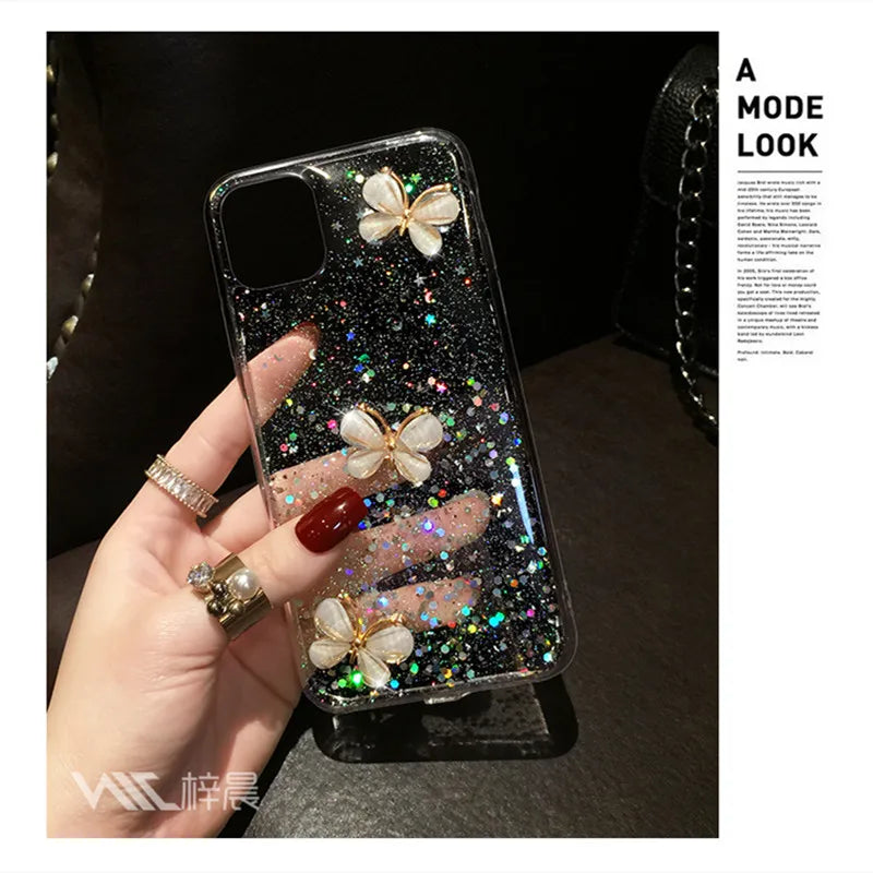 3D Bling Glitter Pearl butterfly soft silicone Case For iPhone 12 11 Pro Max XR X XS 6s 7 8 Plus cover for samsung S8 S9 S10